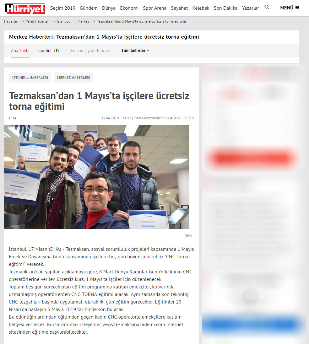 Tezmaksan’dan 1 Mayıs’ta İşçilere Ücretsiz Torna Eğitimi - Hürriyet Gazetesi